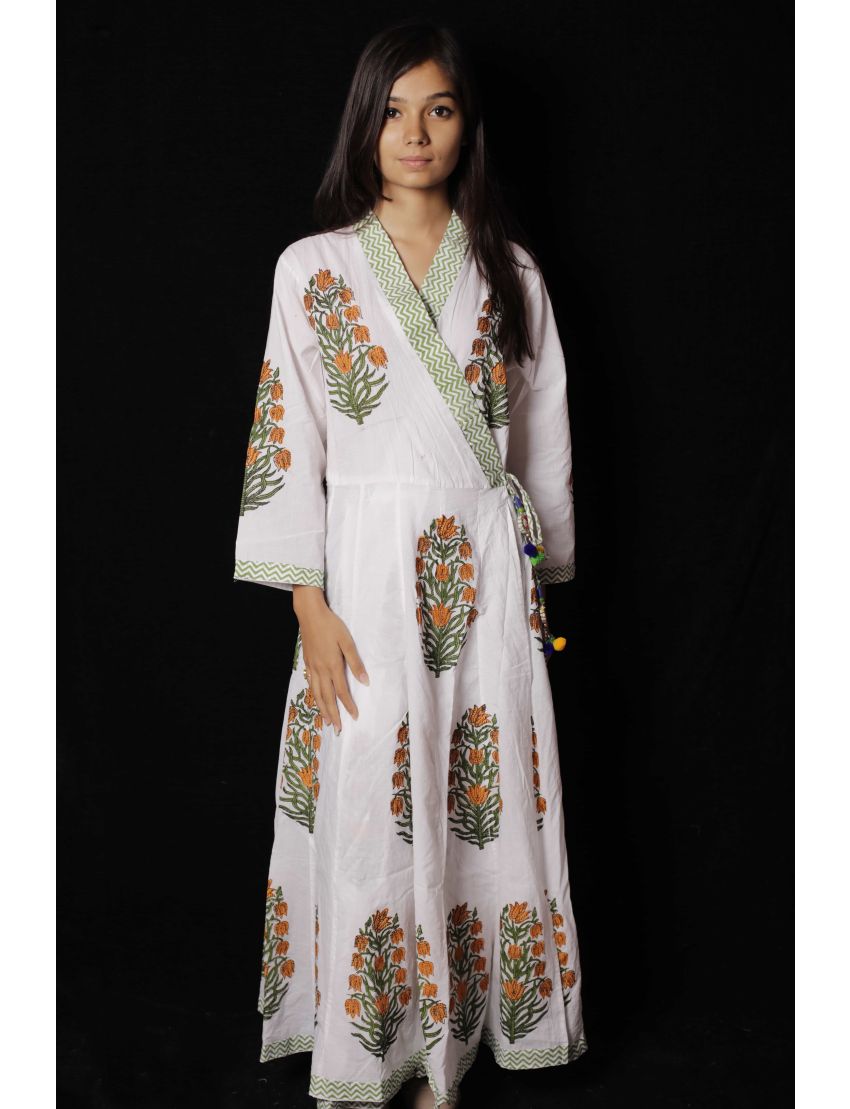 Yellow Mughal Floral Block Printed Cotton Kimono Pattern Dress - SH ...