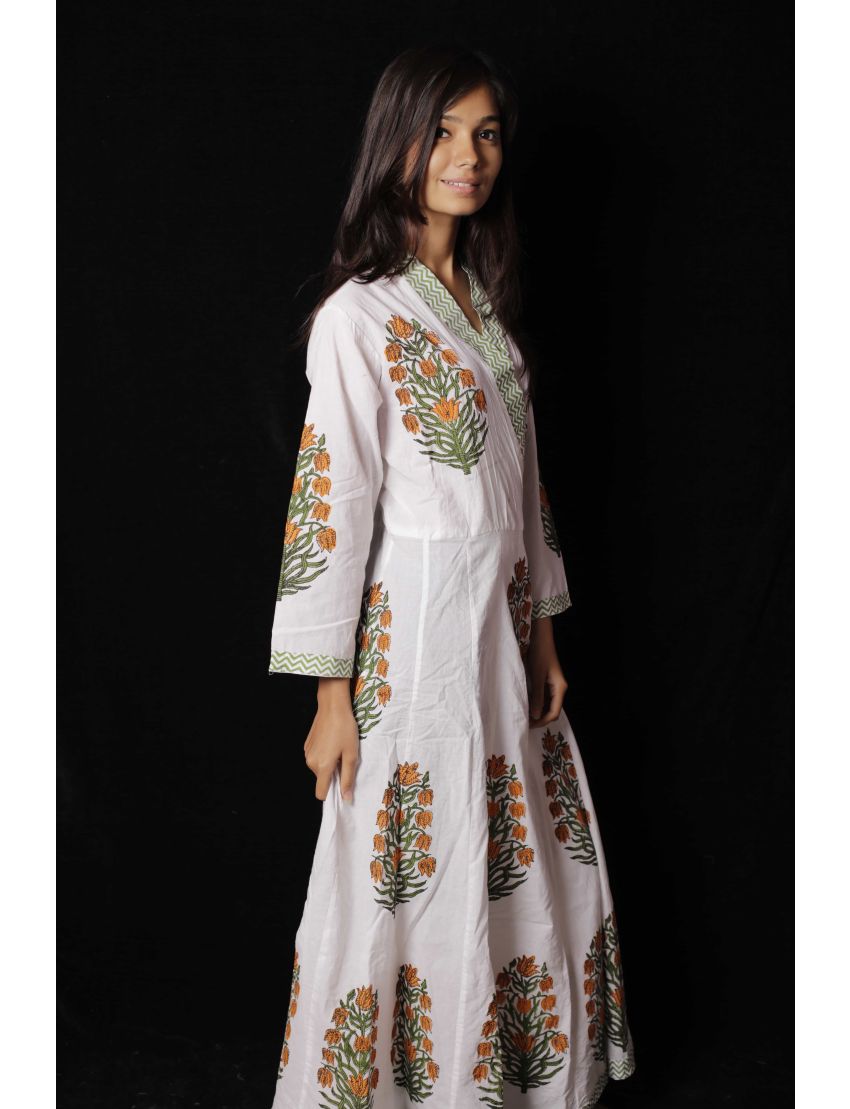 Yellow Mughal Floral Block Printed Cotton Kimono Pattern Dress - SH ...
